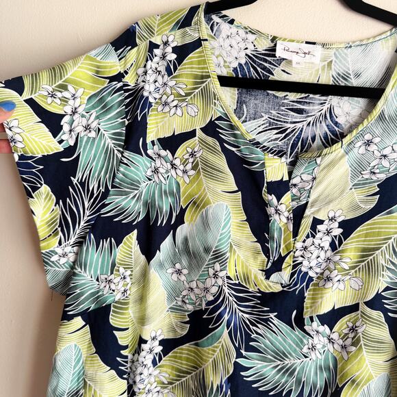 Panama Jack Blue + Green Palm Leaf Print V Neck Short Sleeve Top - 3X - Picture 2 of 7